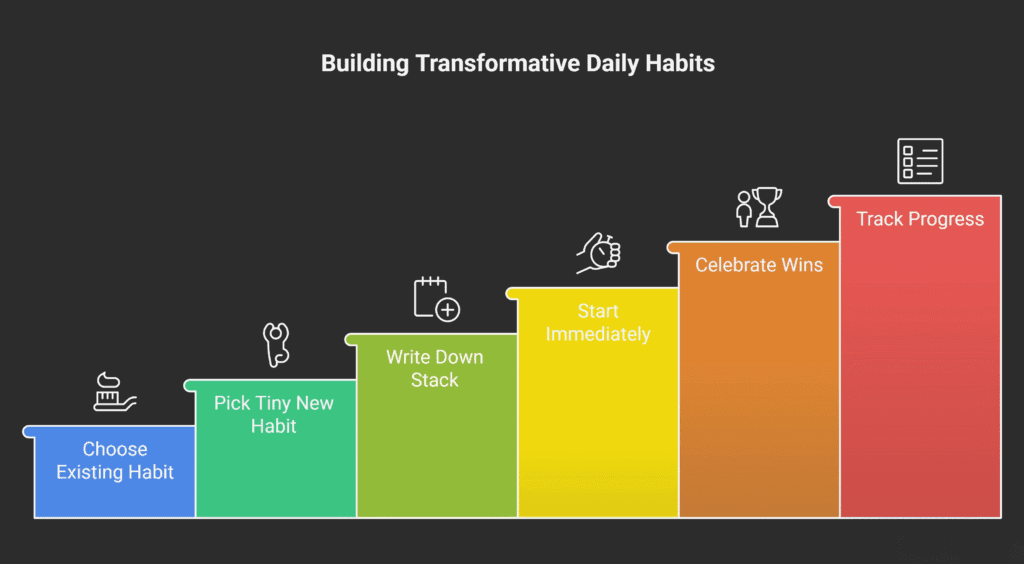 A dark background graphic titled Building Transformative Daily Habits. Six colorful ascending steps move from left to right, each with an icon and label: (1) Blue step with a toothbrush icon labeled ‘Choose Existing Habit’. (2) Green step with a stethoscope-like icon labeled ‘Pick Tiny New Habit’. (3) Light green step with a notepad and plus-sign icon labeled ‘Write Down Stack’. (4) Yellow step with a thumbs-up timer icon labeled ‘Start Immediately’. (5) Orange step with a trophy and person icon labeled ‘Celebrate Wins’. (6) Red step with a checklist icon labeled ‘Track Progress’. The steps visually represent a progression toward building effective daily habits.
