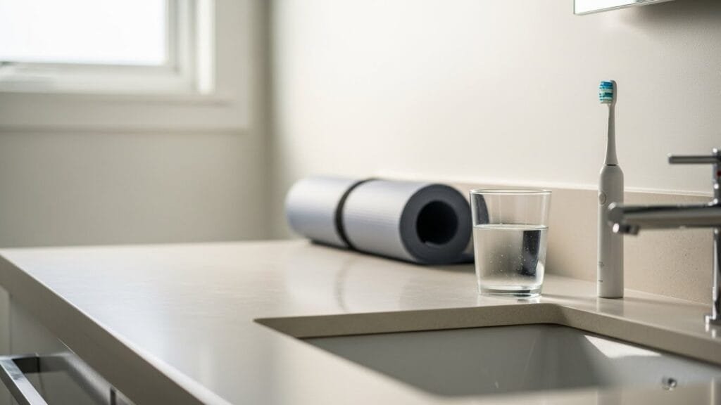 Morning bathroom routine setup showing habit stacking triggers like toothbrush and water glass