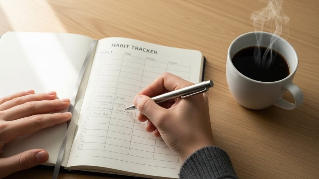 Person tracking daily micro-habits in journal with morning coffee on wooden desk