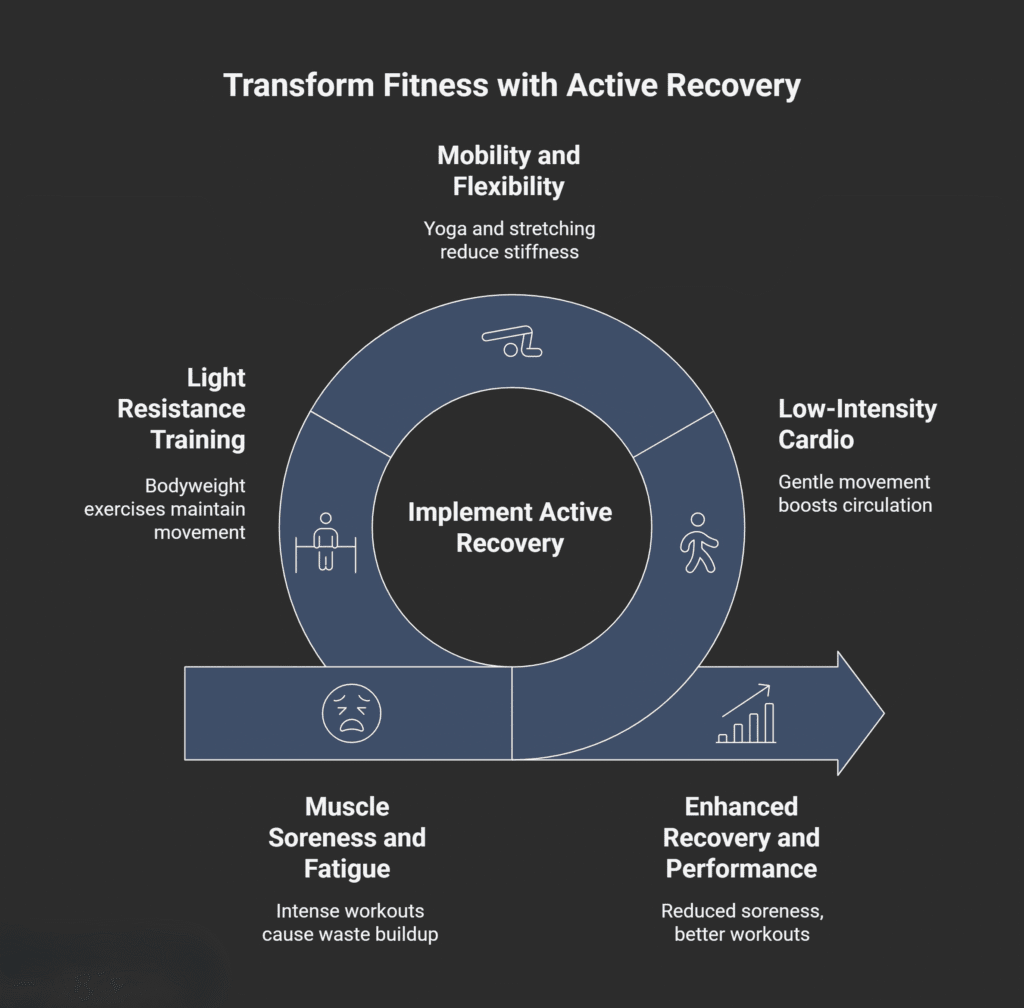 Infographic titled “Transform Fitness with Active Recovery” showing a circular flow chart centered on “Implement Active Recovery.” The diagram highlights three key components: “Mobility and Flexibility” (yoga and stretching reduce stiffness), “Low-Intensity Cardio” (gentle movement boosts circulation), and “Light Resistance Training” (bodyweight exercises maintain movement). Below the circle, the flow continues from “Muscle Soreness and Fatigue” (intense workouts cause waste buildup) to “Enhanced Recovery and Performance” (reduced soreness, better workouts), emphasizing the continuous cycle of recovery and performance improvement.