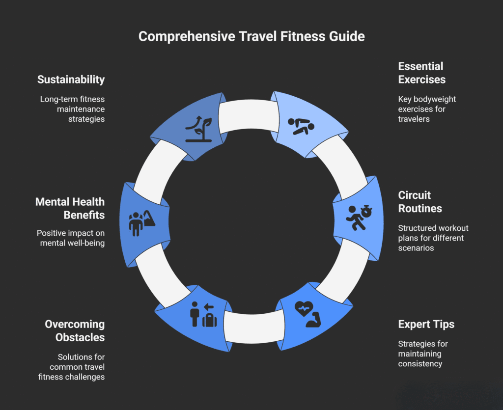 Infographic titled “Comprehensive Travel Fitness Guide” showing a circular flow of six connected sections representing key aspects of travel fitness. The segments include: Essential Exercises (key bodyweight exercises for travelers), Circuit Routines (structured workout plans for different scenarios), Expert Tips (strategies for maintaining consistency), Overcoming Obstacles (solutions for common travel fitness challenges), Mental Health Benefits (positive impact on mental well-being), and Sustainability (long-term fitness maintenance strategies). Each section is represented by an icon, all arranged in a blue-and-white circular diagram on a dark background.