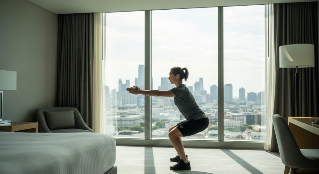 Traveler doing bodyweight squats in bright hotel room overlooking city skyline for travel workout routine