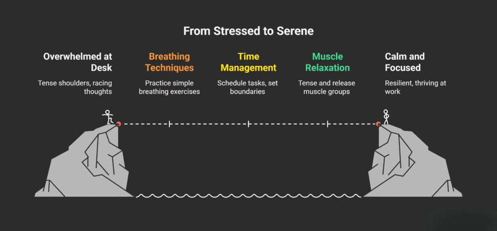 Illustration showing a progression from stressed to calm. On the left, a stick figure sits overwhelmed on a rocky cliff labeled ‘Overwhelmed at Desk’ with symptoms like tense shoulders and racing thoughts. A dotted path leads across to the right cliff, labeled ‘Calm and Focused.’ Along the path are steps: Breathing Techniques, Time Management, and Muscle Relaxation. On the right, a relaxed stick figure stands confidently on a cliff.