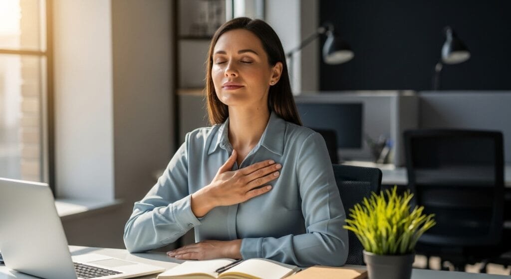 Professional woman practicing breathing techniques for stress relief at her office desk with eyes closed and hand on chest