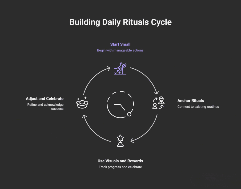 A circular flow diagram titled ‘Building Daily Rituals Cycle.’ At the top is ‘Start Small’ with an icon of a growing plant. Moving clockwise: ‘Anchor Rituals’ with an icon of people. At the bottom: ‘Use Visuals and Rewards’ with a star icon. On the left: ‘Adjust and Celebrate’ with a smiley face icon. Arrows connect all steps in a continuous loop on a dark background.