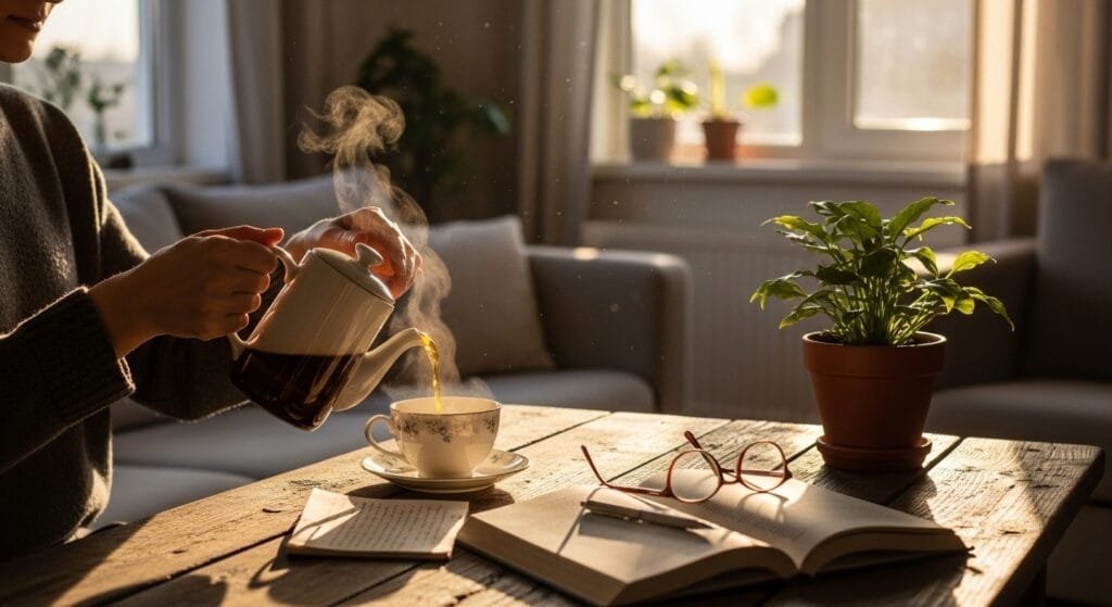Person pouring tea in a sunlit kitchen, with an open book on the table to suggest mindful rituals.