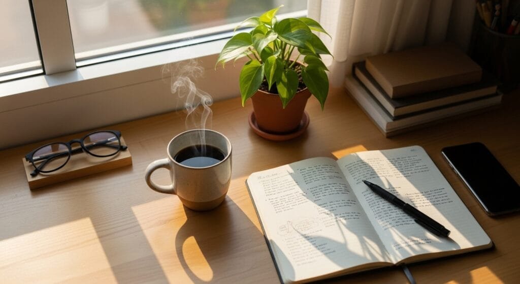 Morning coffee, open journal, and houseplant on a tidy desk in soft daylight—symbolizing calm daily rituals.