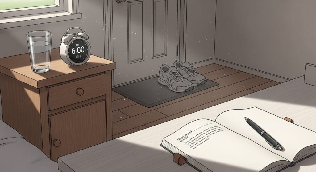Morning wellness items arranged neatly including water glass, exercise shoes, and journal, demonstrating habit stacking for consistent daily routines
