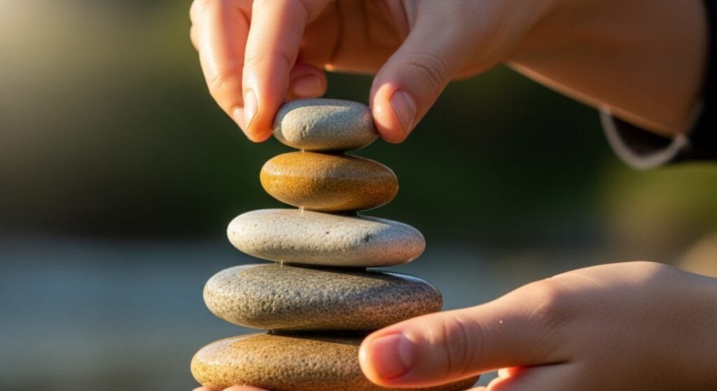 Hands stacking small stones one by one to build a balanced cairn, symbolizing how consistent small habits compound over time