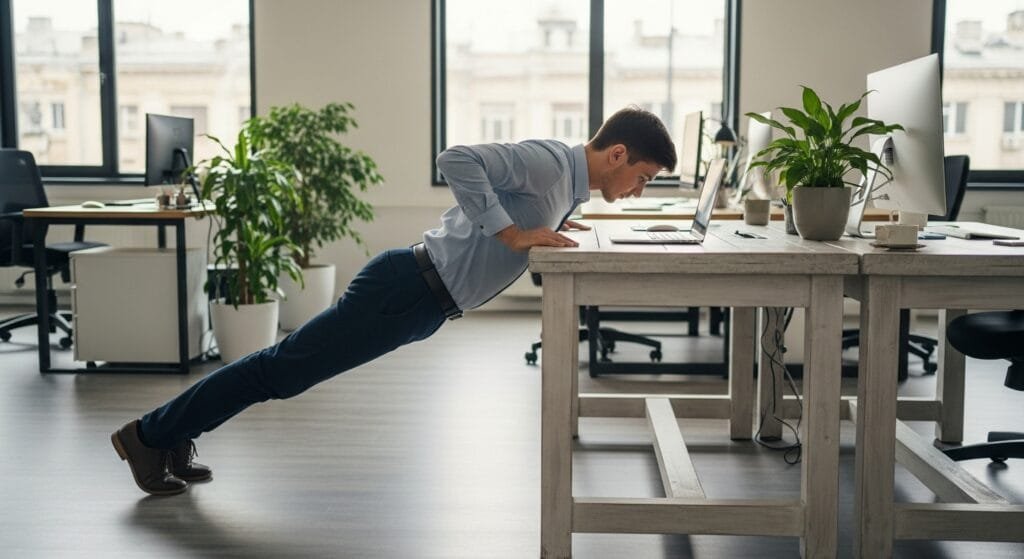 Office worker performing desk exercises and movement snacks during workday to boost productivity and health