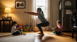 Parent exercising at home with children nearby demonstrating family-friendly fitness habits for busy adults