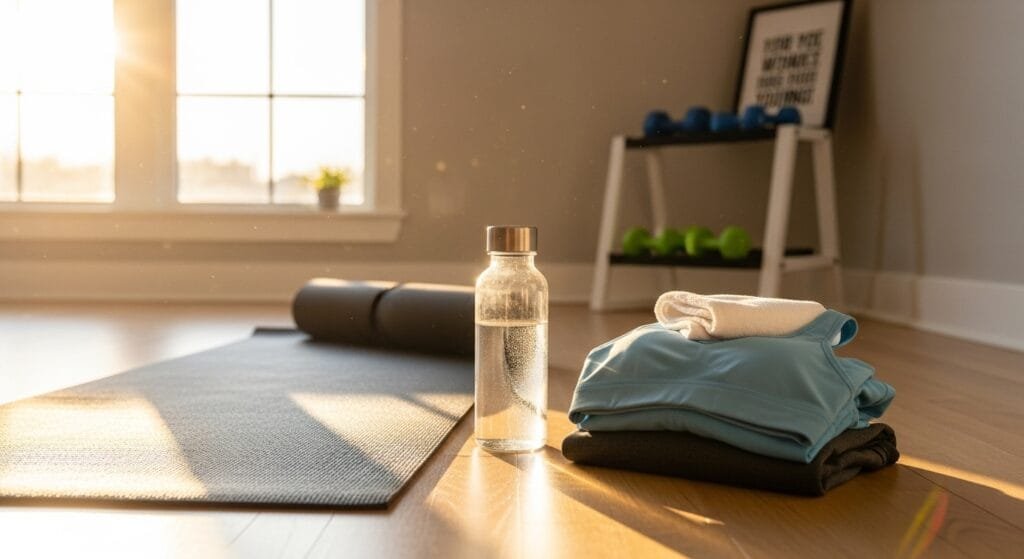 Organized morning workout setup with exercise equipment prepared for daily fitness routine at home