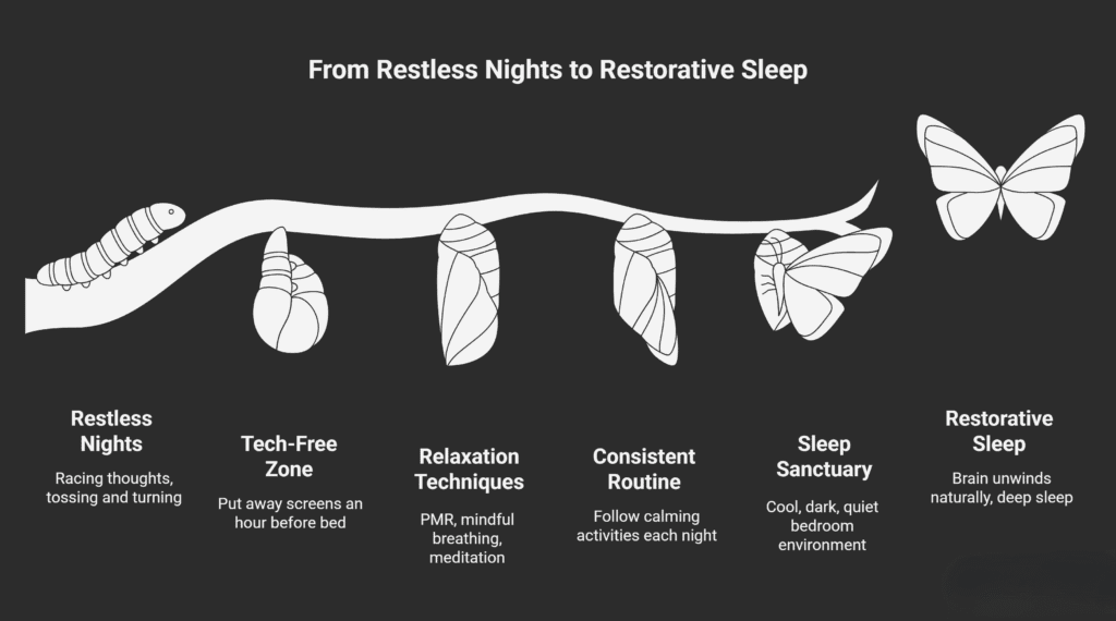 Illustration showing the transformation from a caterpillar to a butterfly as a metaphor for improving sleep quality. Each stage along the branch represents a step from restless nights to restorative sleep — starting with racing thoughts, then creating a tech-free zone, using relaxation techniques like mindful breathing, following a consistent bedtime routine, creating a sleep sanctuary, and finally achieving deep, restorative sleep.