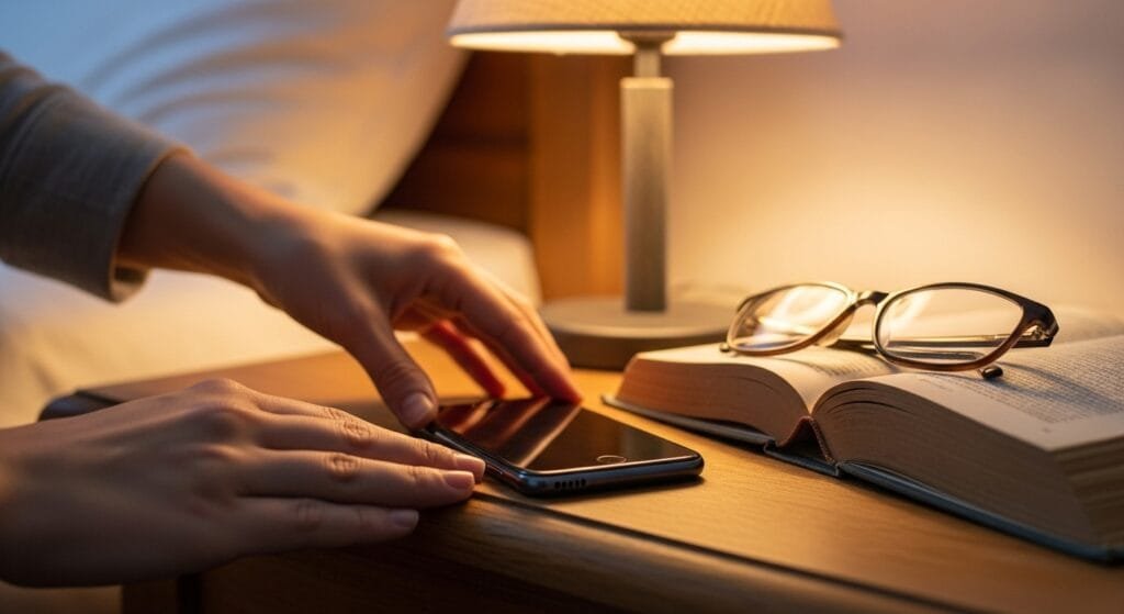 Hands placing a smartphone face-down on a wooden nightstand - Close-up shot of someone gently setting their phone aside next to a physical book, reading glasses, and a small lamp with warm light. This visually represents the digital detox aspect of evening routines.