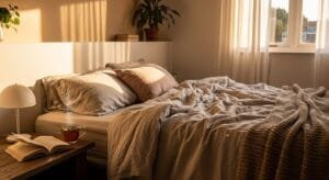 Warm, cozy bedroom scene at golden hour - A softly lit bedroom with warm lighting, showing an unmade but inviting bed with natural linen bedding, a book on the nightstand next to a cup of herbal tea, and soft evening light filtering through sheer curtains. The scene should feel peaceful and inviting, suggesting the transition from day to evening.