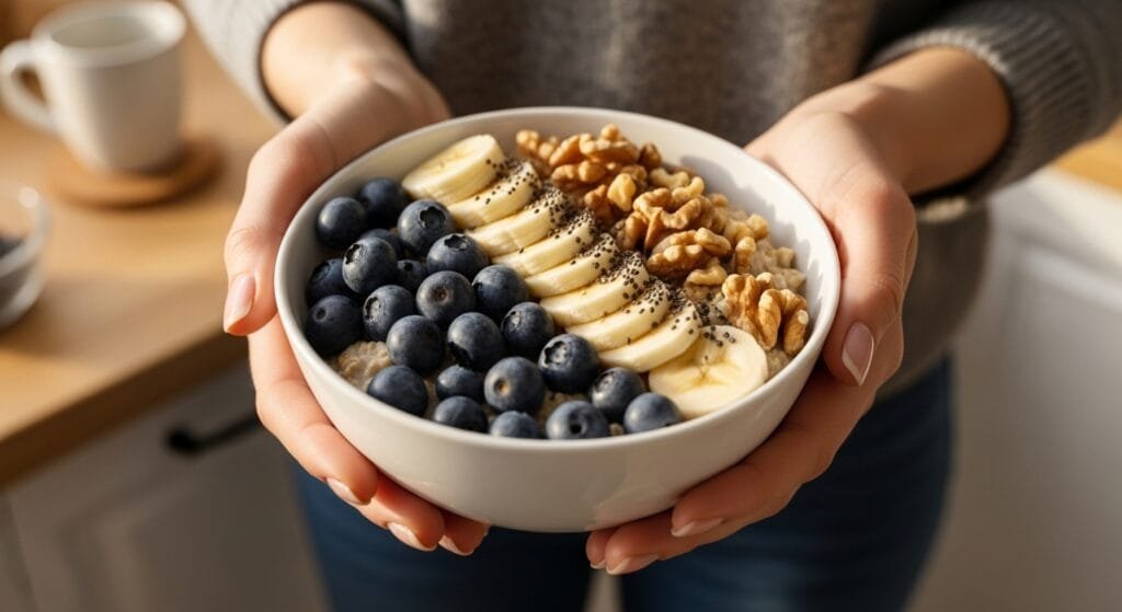 Woman holding bowl of overnight oats with blueberries banana chia seeds and walnuts for sustained energy throughout the day
