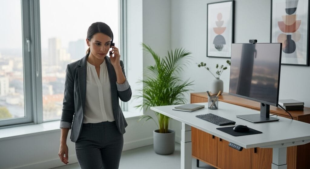 Professional woman taking a walking phone call at work to increase daily step count during office hours