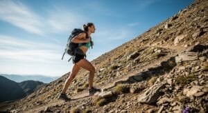 Woman doing weighted walking workout uphill for core and leg strength