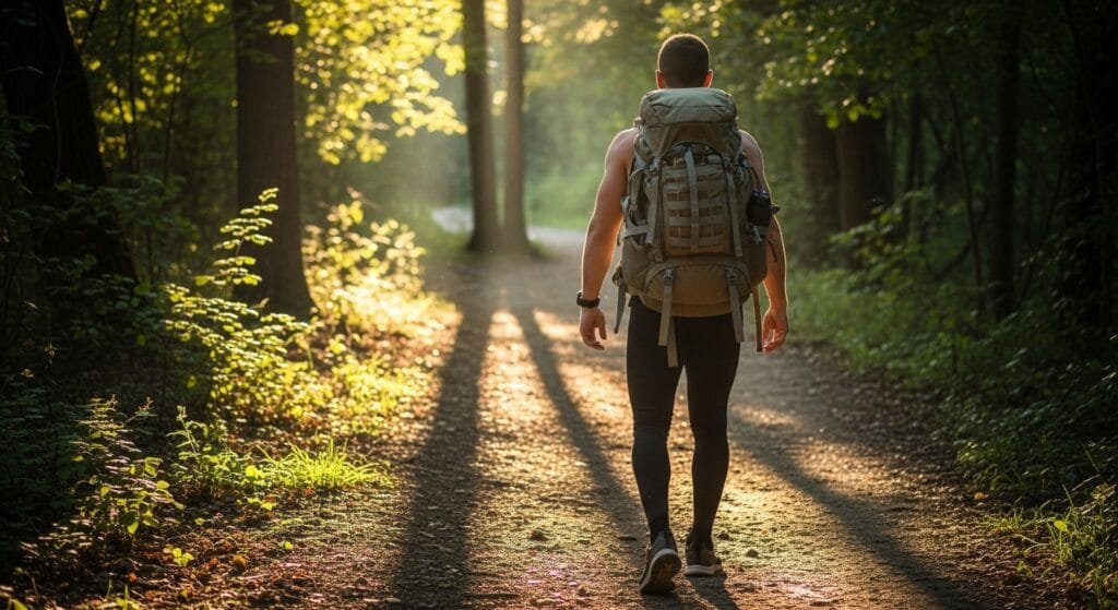 Person rucking with weighted backpack on outdoor trail for fitness strength training