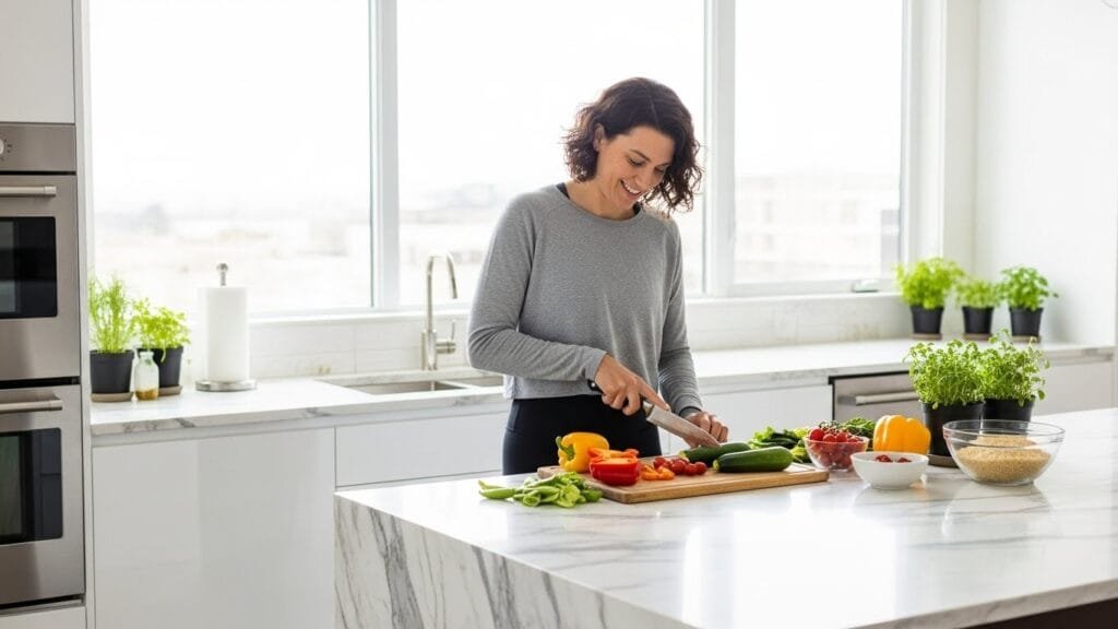 Person preparing healthy gut-friendly meal with fresh vegetables and whole foods in bright natural kitchen