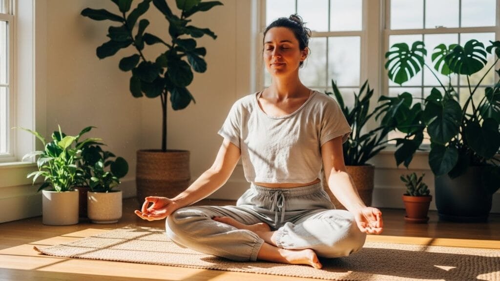 Person practicing mindfulness meditation for stress management and gut-brain axis health in peaceful natural setting