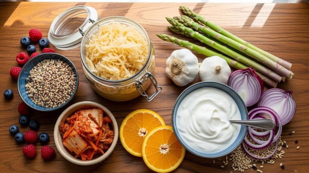 Colorful array of gut-healthy fermented foods and prebiotic vegetables including sauerkraut, kimchi, yogurt, garlic, and fresh produce on wooden table