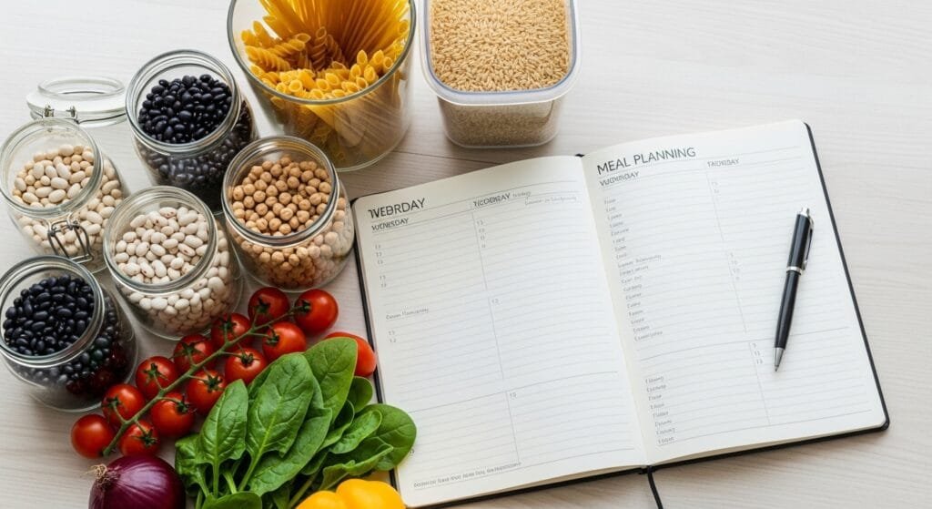 Weekly meal planning notebook with affordable pantry staples beans rice pasta and fresh vegetables