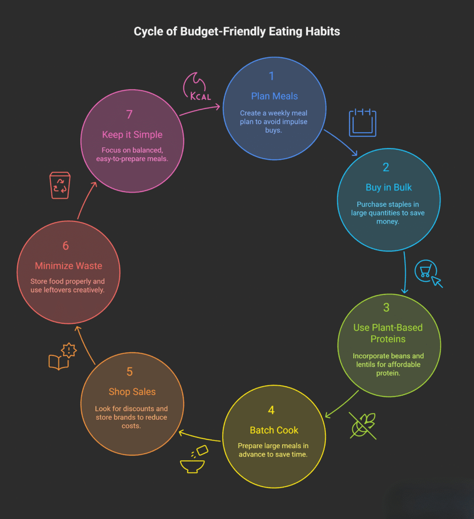 A circular infographic titled “Cycle of Budget-Friendly Eating Habits.” It shows seven connected steps arranged in a loop:

Plan Meals — Create a weekly meal plan to avoid impulse buys.

Buy in Bulk — Purchase staples in large quantities to save money.

Use Plant-Based Proteins — Incorporate beans and lentils for affordable protein.

Batch Cook — Prepare large meals in advance to save time.

Shop Sales — Look for discounts and store brands to reduce costs.

Minimize Waste — Store food properly and use leftovers creatively.

Keep It Simple — Focus on balanced, easy-to-prepare meals.
Each step is displayed inside a colored circle with small icons illustrating the concept, forming a continuous cycle on a dark background.