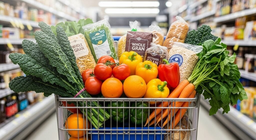 Shopping cart full of fresh affordable vegetables and healthy groceries in American supermarket
