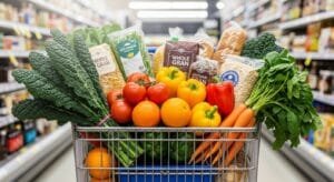 Shopping cart full of fresh affordable vegetables and healthy groceries in American supermarket