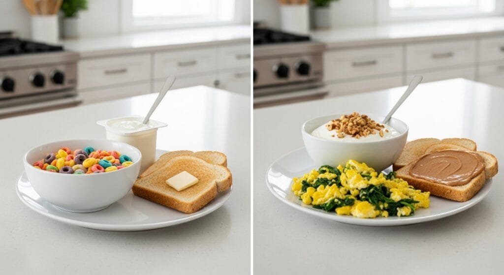 Side-by-side comparison of regular breakfast versus high-protein breakfast with eggs, Greek yogurt and whole grains