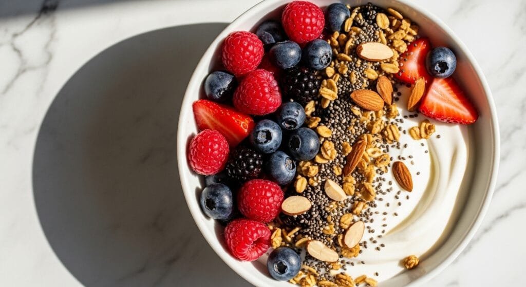 High protein Greek yogurt breakfast bowl with fresh berries, nuts and seeds on marble counter