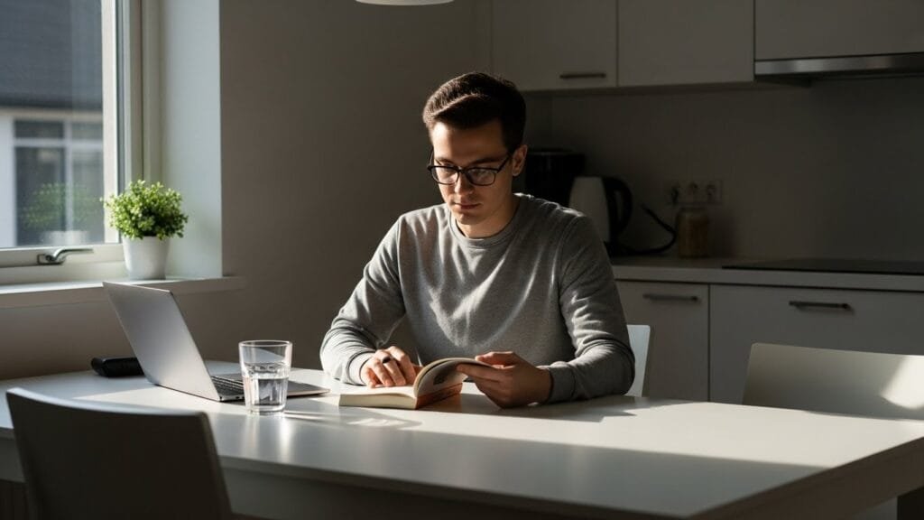 Focused person working at desk with glass of water for cognitive performance and mental clarity