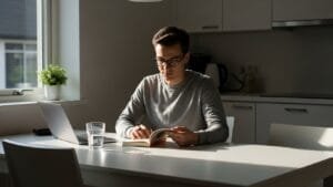 Focused person working at desk with glass of water for cognitive performance and mental clarity
