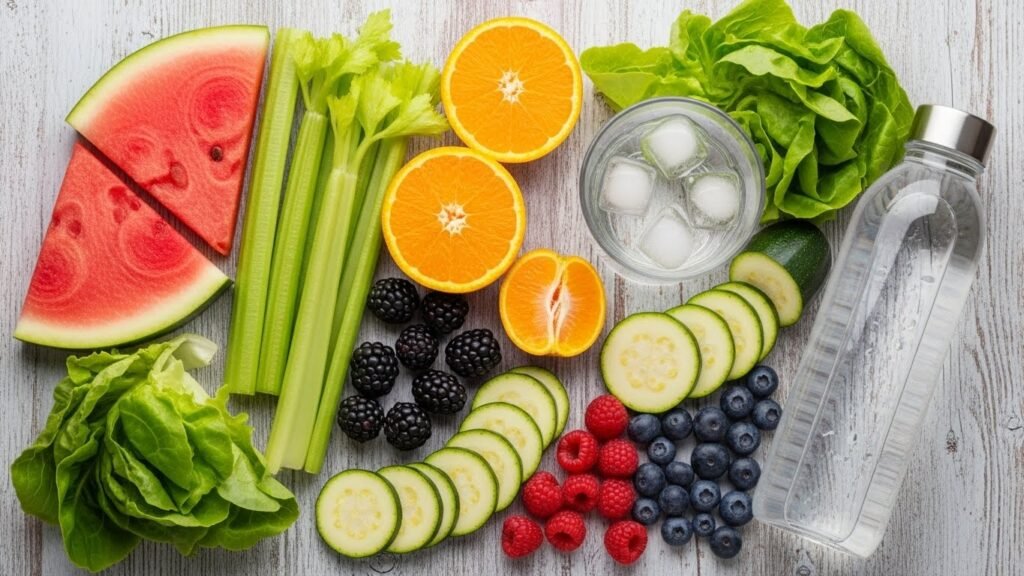 Overhead view of water-rich foods for hydration including watermelon, celery, oranges, berries, and zucchini with water bottle