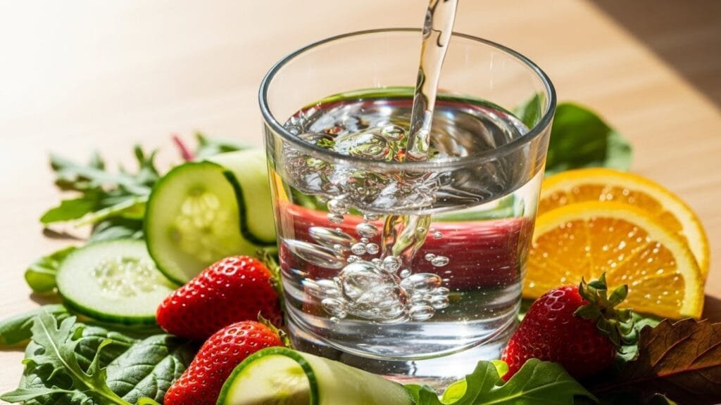 Clear glass of fresh water with hydrating fruits and vegetables including cucumber, strawberries, and leafy greens on white surface
