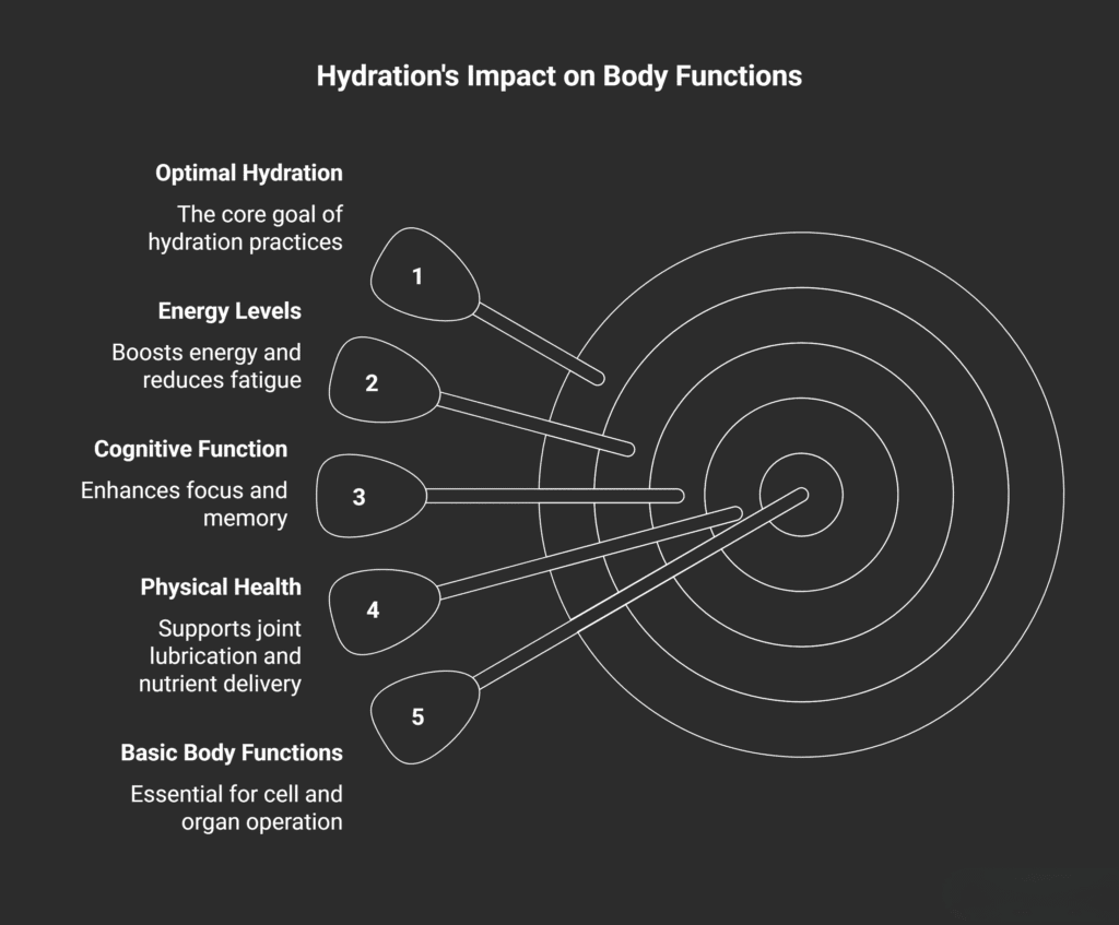 A dark-themed infographic titled “Hydration’s Impact on Body Functions.” On the right side, a target diagram with five concentric circles is shown. Five arrows point toward the center, each labeled 1 through 5. On the left side, each arrow corresponds to a benefit of hydration:

Optimal Hydration – the core goal of hydration practices

Energy Levels – boosts energy and reduces fatigue

Cognitive Function – enhances focus and memory

Physical Health – supports joint lubrication and nutrient delivery

Basic Body Functions – essential for cell and organ operation