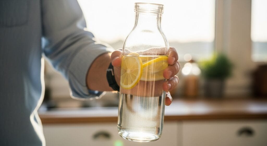 Person holding marked water bottle with lemon for daily hydration tracking