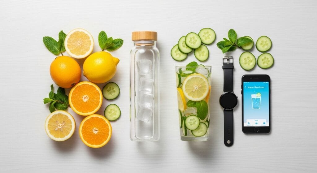 Hydration essentials including water bottle, fresh fruits, and tracking tools for daily wellness
