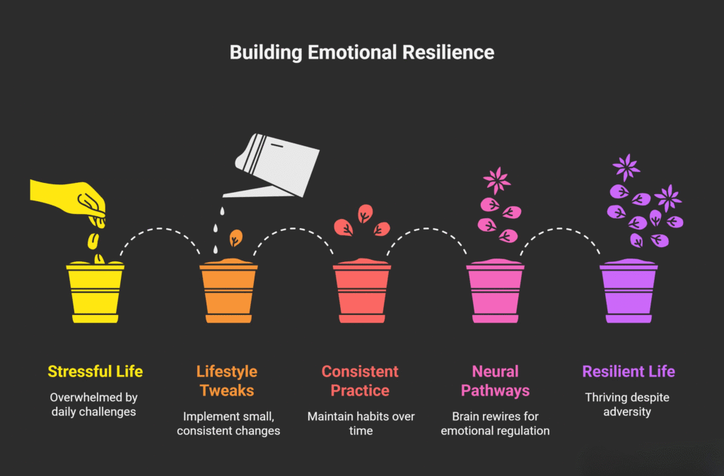 An infographic titled “Building Emotional Resilience” illustrates the growth process from stress to resilience using five colorful flower pots on a dark background. From left to right:

Stressful Life (yellow): A hand drops seeds into a pot labeled “Overwhelmed by daily challenges.”

Lifestyle Tweaks (orange): A watering can pours water into a pot labeled “Implement small, consistent changes.”

Consistent Practice (red): A pot with small sprouting plants labeled “Maintain habits over time.”

Neural Pathways (pink): A pot with blooming leaves labeled “Brain rewires for emotional regulation.”

Resilient Life (purple): A pot with vibrant flowers labeled “Thriving despite adversity.”
A dotted line connects each pot, symbolizing progressive growth and transformation through steady emotional development.