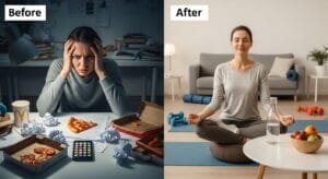 Visual comparison of lifestyle habits showing transformation from stress to emotional resilience