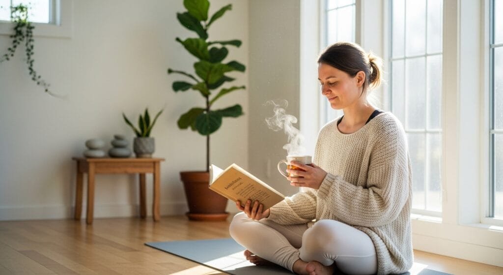 Person practicing morning mindfulness with journal and tea in bright natural setting for emotional resilience