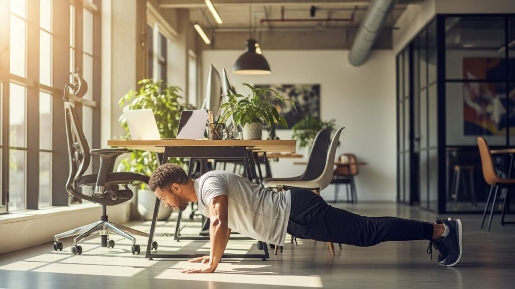 A man doing push-ups on the floor of a bright modern office, demonstrating a quick micro workout during a work break.