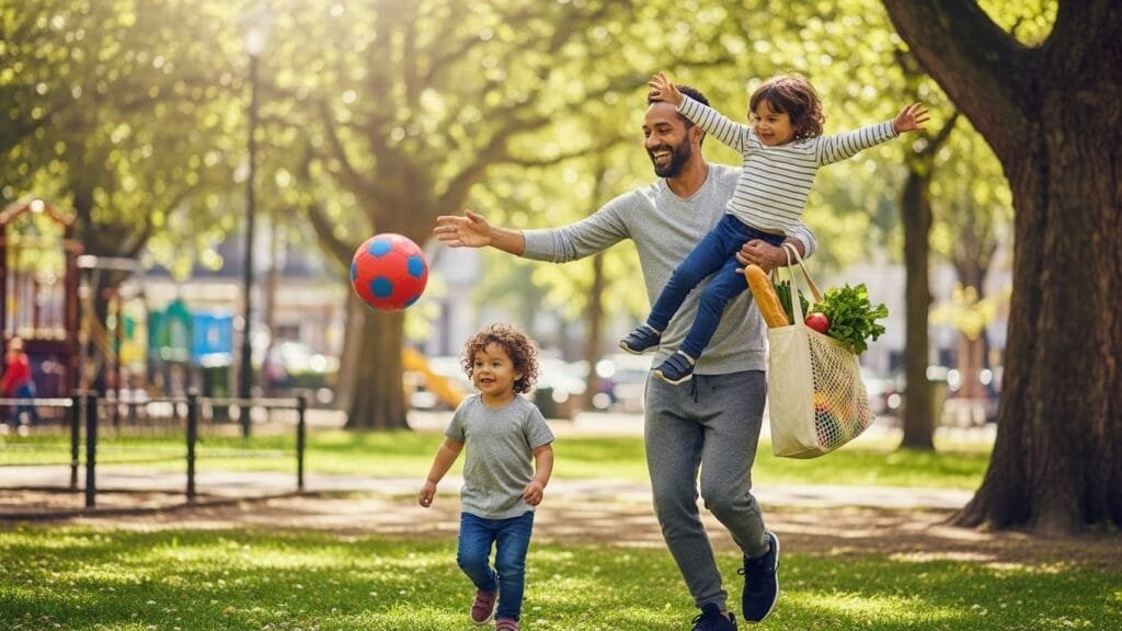 A father playing with his two young children in a sunny park, carrying groceries and running after a ball. Demonstrating how everyday vigorous activities count as beneficial micro workouts