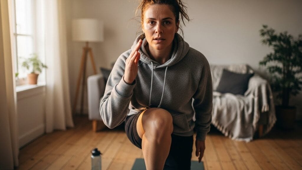 Person doing a plank hold in their living room as part of a quick three-minute morning energizer micro workout