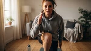 Person doing a plank hold in their living room as part of a quick three-minute morning energizer micro workout