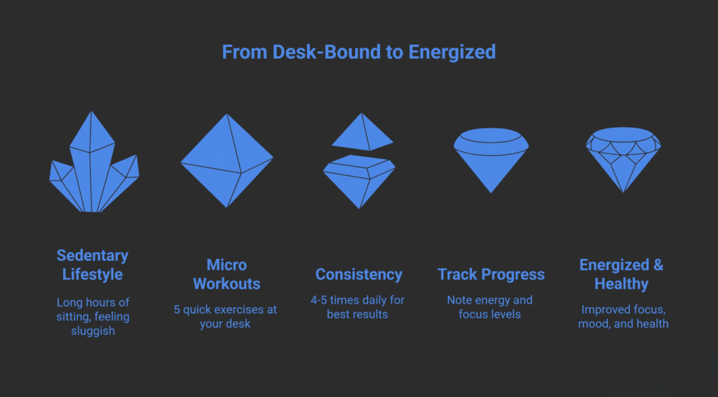 Infographic titled ‘From Desk-Bound to Energized’ showing five stages of transformation from sedentary lifestyle to healthy living. Each stage has a blue geometric icon and text: 1) Sedentary Lifestyle – long hours of sitting, feeling sluggish; 2) Micro Workouts – five quick exercises at your desk; 3) Consistency – 4–5 times daily for best results; 4) Track Progress – note energy and focus levels; 5) Energized & Healthy – improved focus, mood, and health. The design has a dark background with blue text and icons.