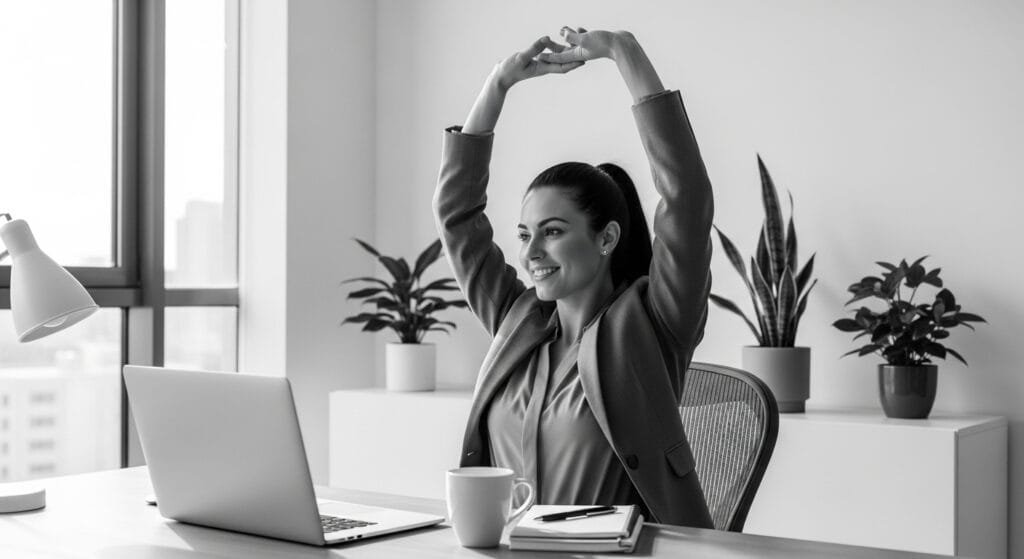 Professional woman doing energizing desk stretches during work break in modern office