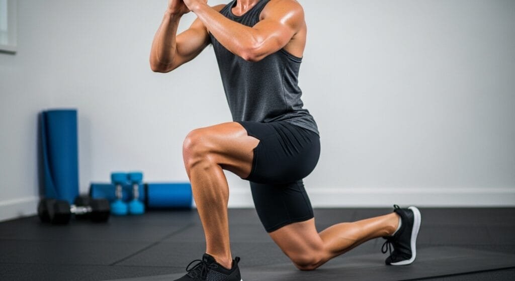 Proper form demonstration of bodyweight lunge exercise showing muscle engagement and correct technique for injury prevention