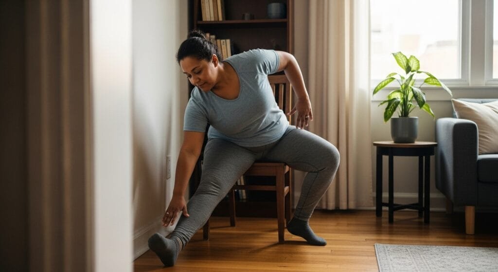 Beginner-friendly modified bodyweight exercise in small apartment space showing accessibility of micro-workouts for all fitness levels